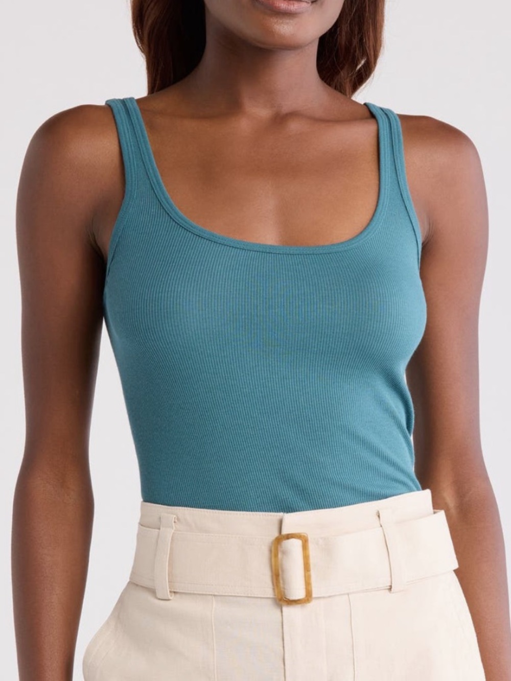 NEW VINCE Favorite Pima Cotton and Modal Scoop Neck Micro Ribbed Tank in Teal